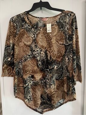 Amiana Brown Paisley Scoop Neck 3/4 Sleeve Tunic